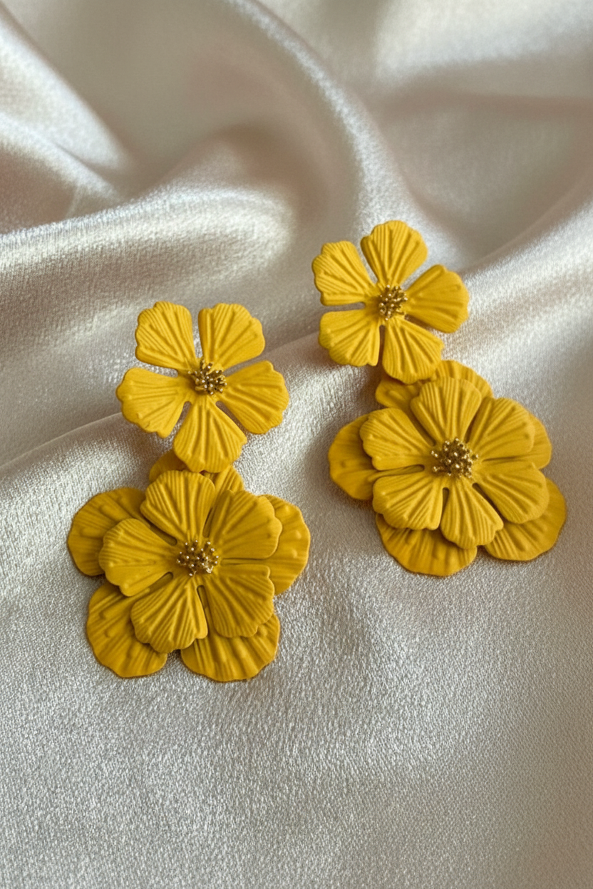 Boucles d'oreilles fleurs jaunes – gros plan fond blanc satiné