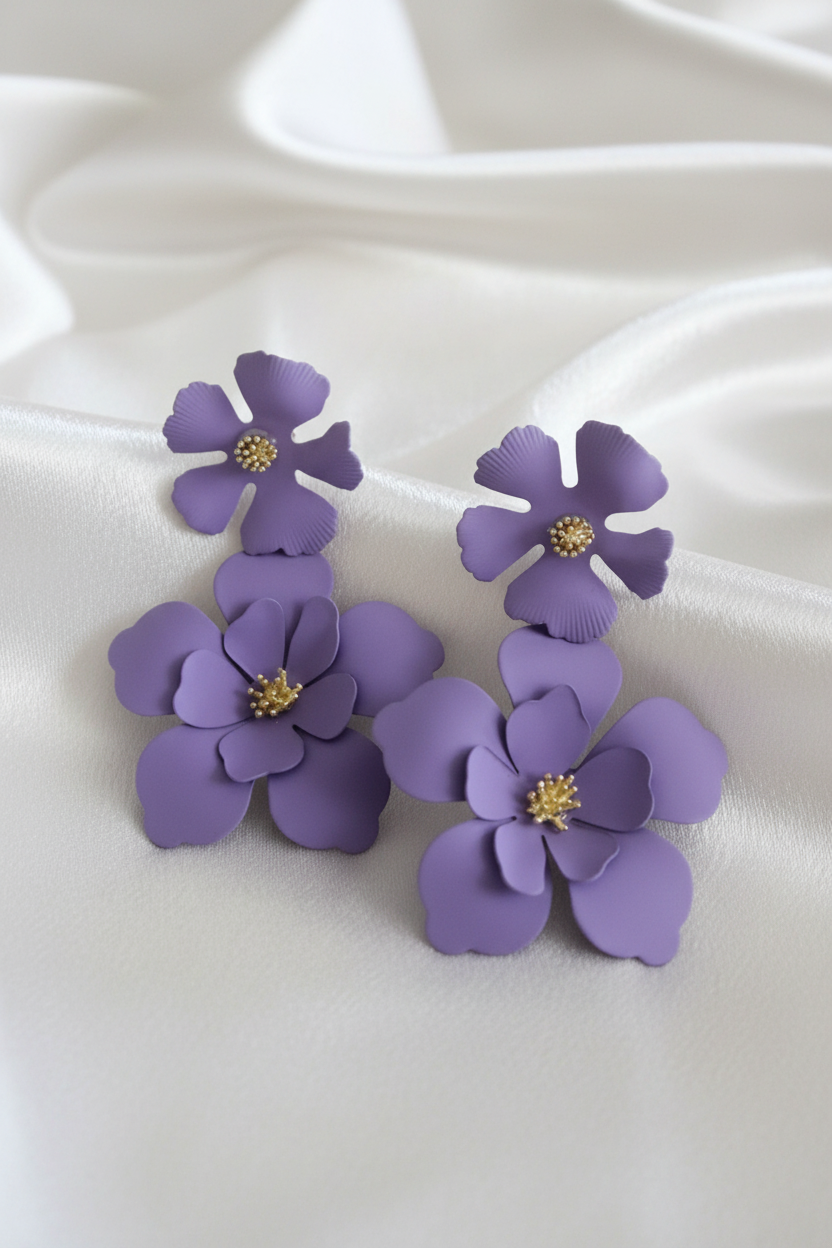 Boucles d'oreilles fleurs violettes sur fond de soie blanc