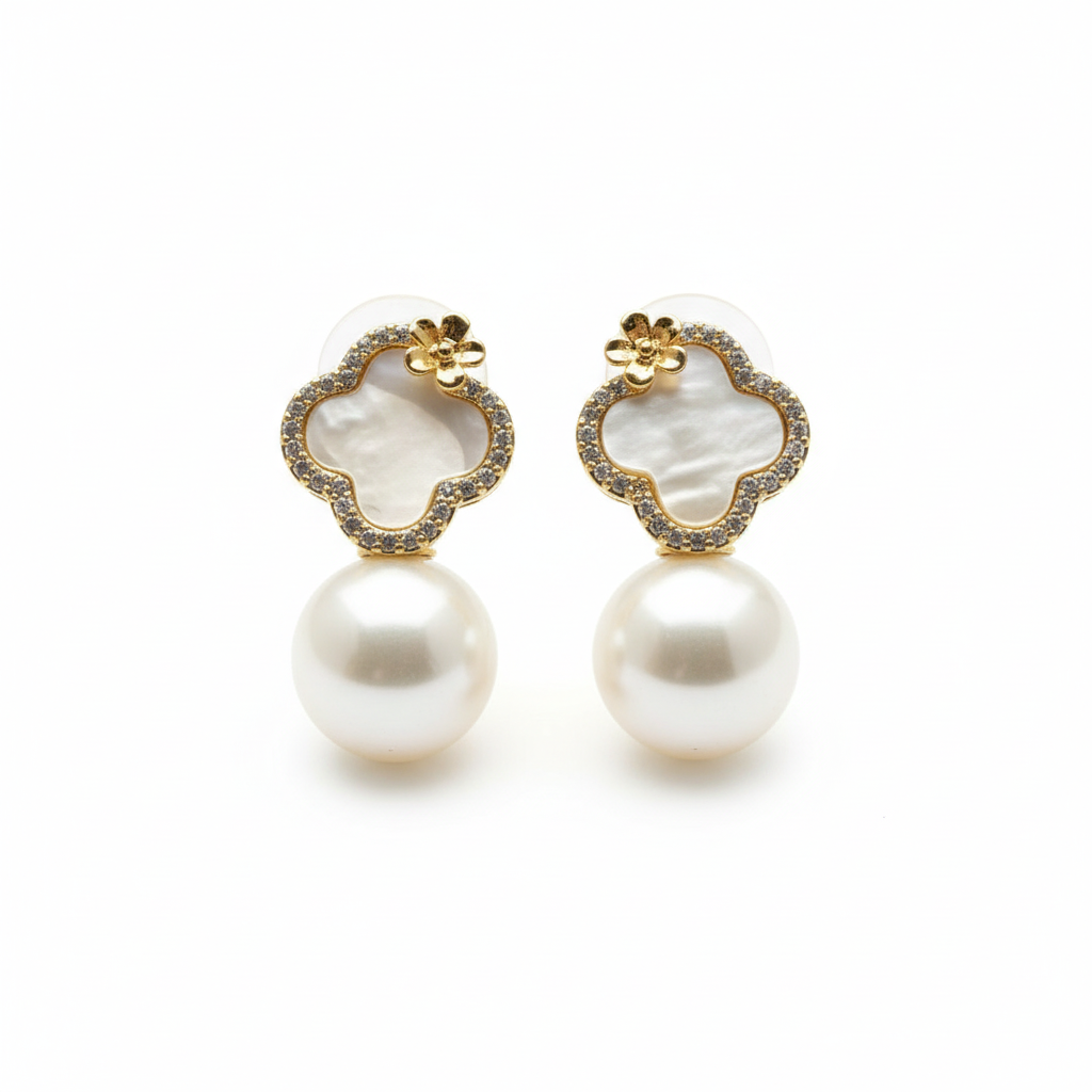 Boucles d'oreilles Perle de fleurs doré - Vue 2