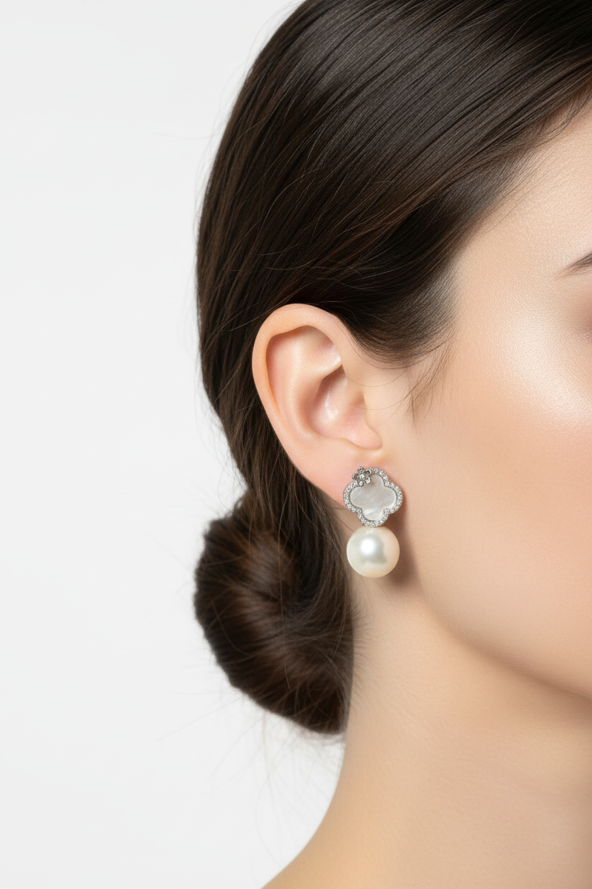 Boucles d'oreilles Perle de fleurs - Photo portée