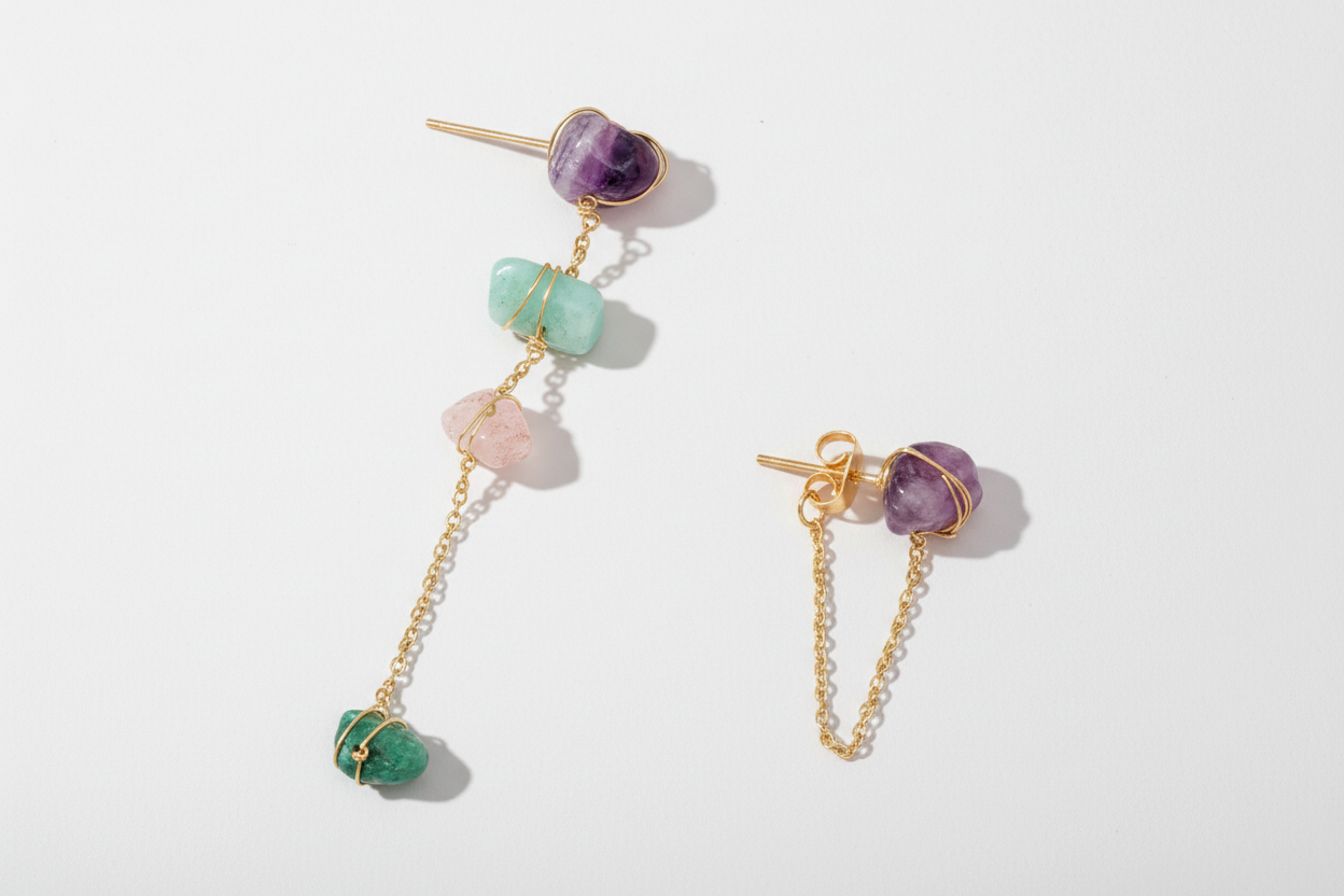Boucles d'oreilles pierres précieuses fond blanc vue 1