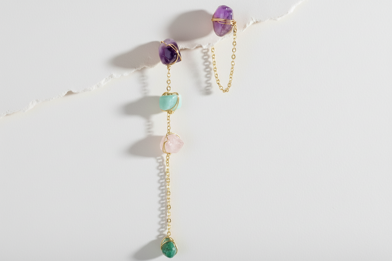 Boucles d'oreilles pierres précieuses fond blanc vue 2