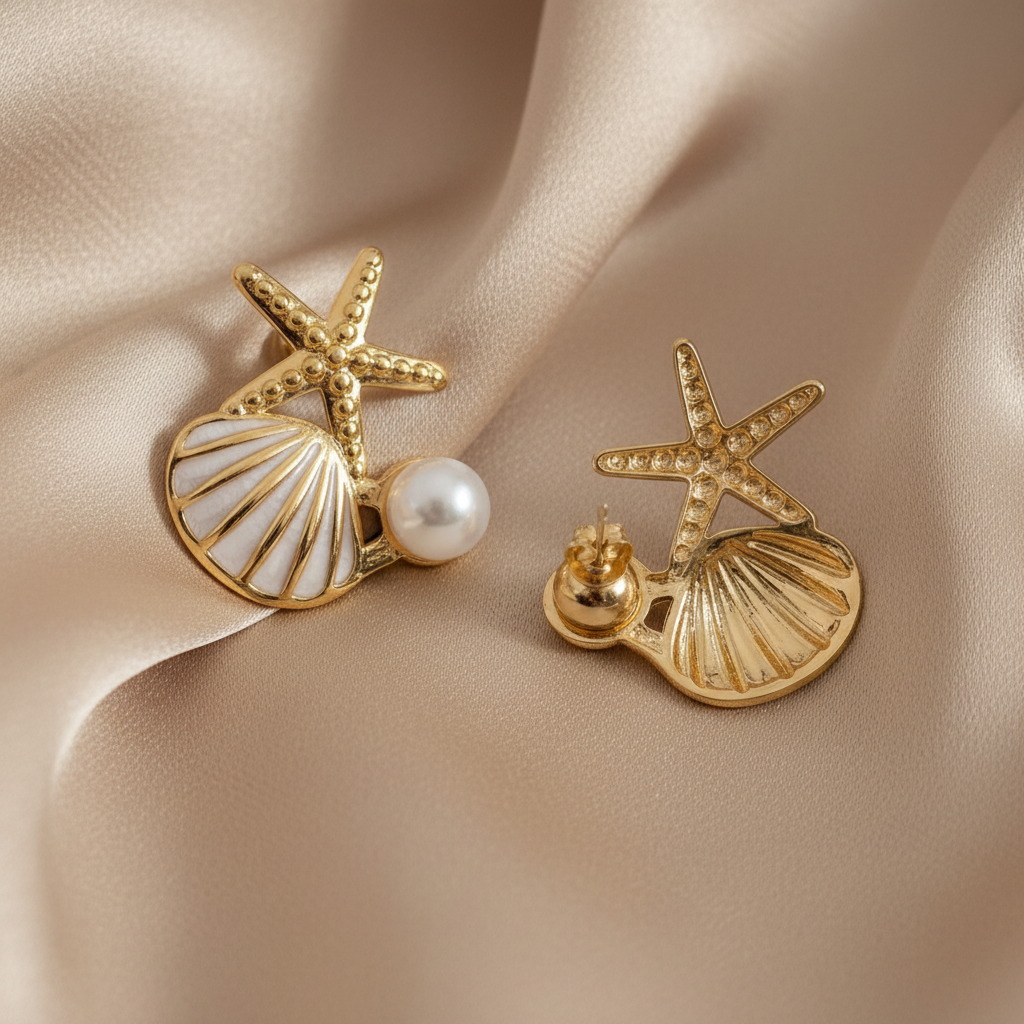 Boucles d'oreilles étoile de mer & coquillage – vue dos fond voile satiné