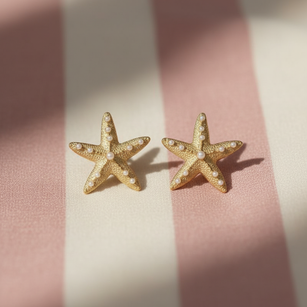 Boucles d'oreilles étoile de mer - fond rayures rose et crème