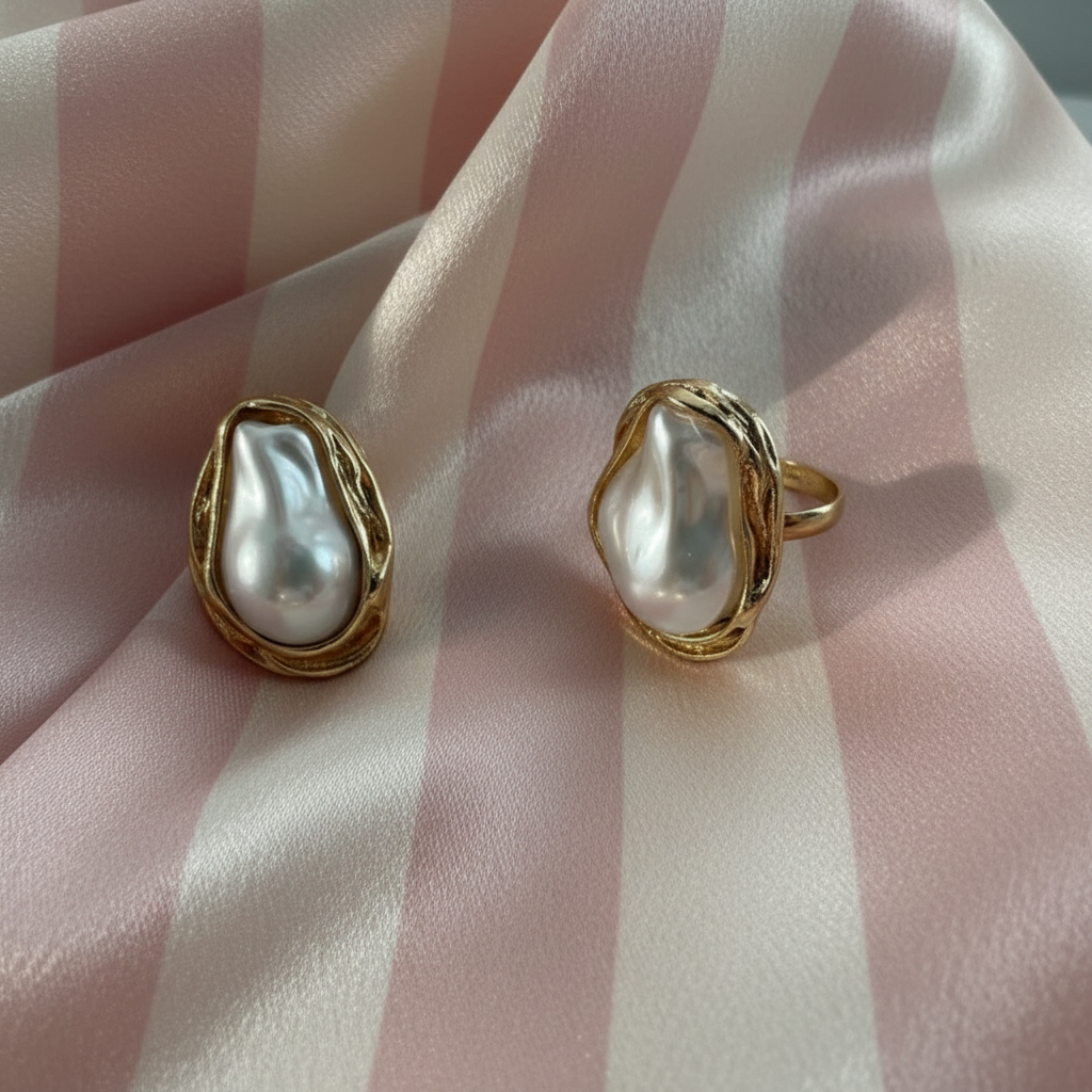 Boucles et bague perle baroque – rayures