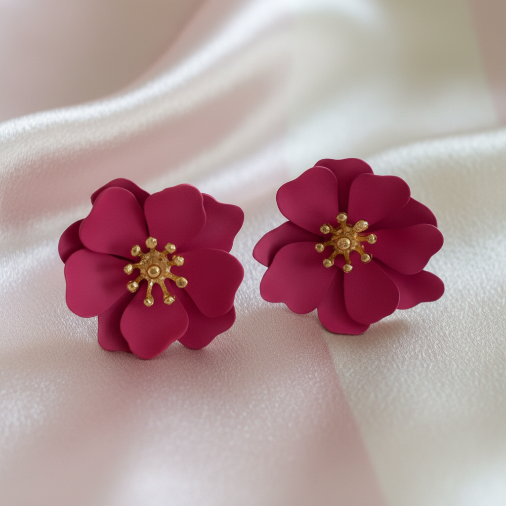 Boucles fleur bordeaux - fond rayé gros plan