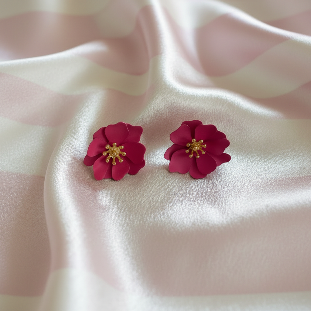 Boucles fleur bordeaux paire - fond rayé flat lay