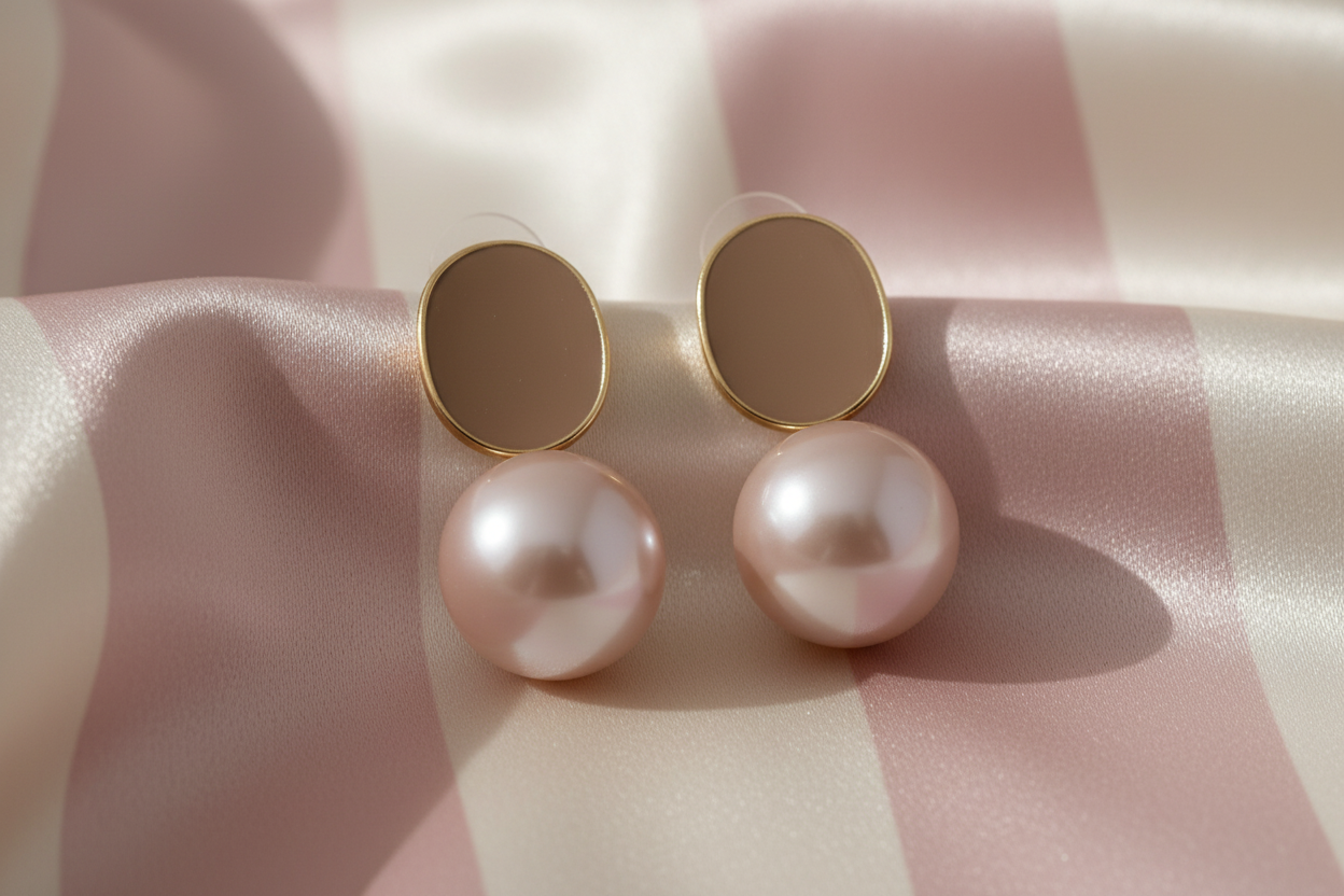 Boucles ovale taupe perle rose - vue macro