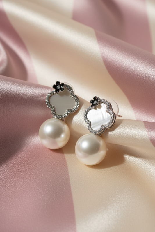 Boucles trèfle argent perle - vue 3/4