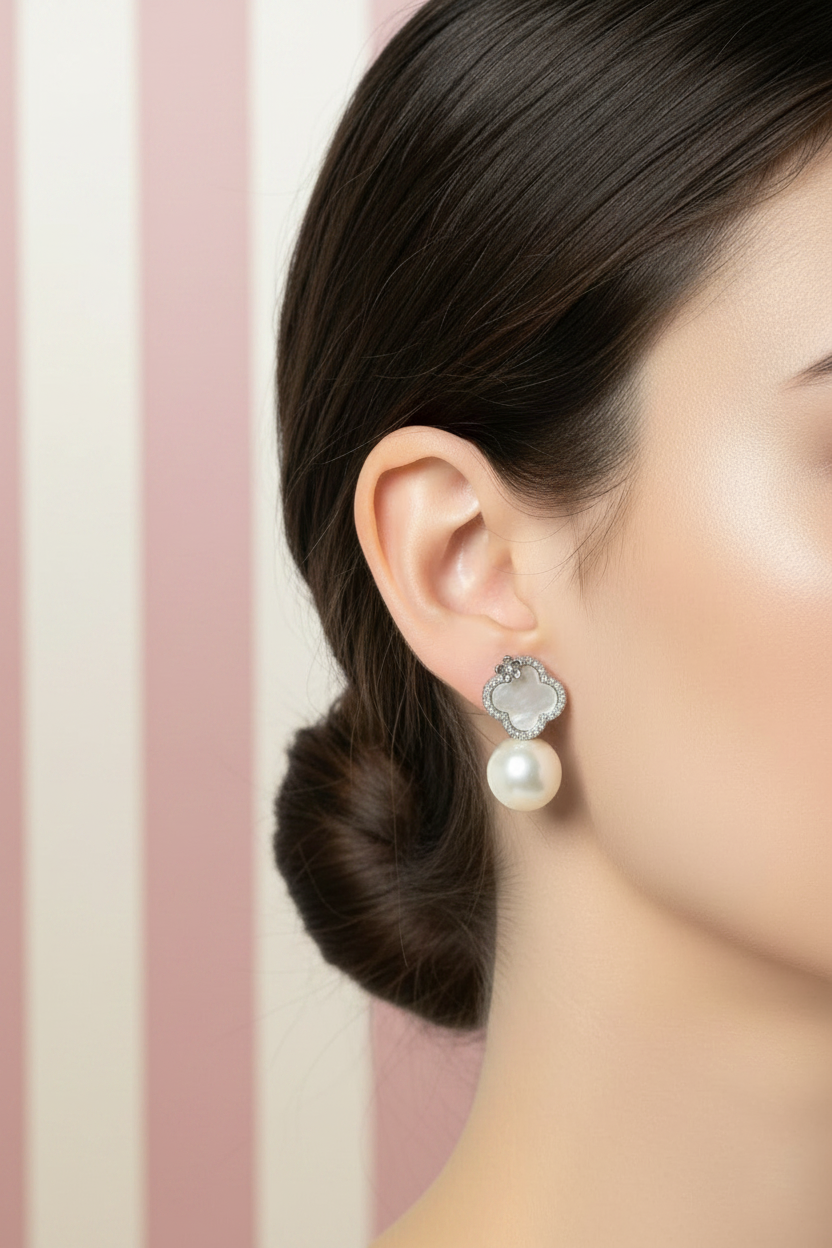 Boucles trèfle argent perle - vue portée