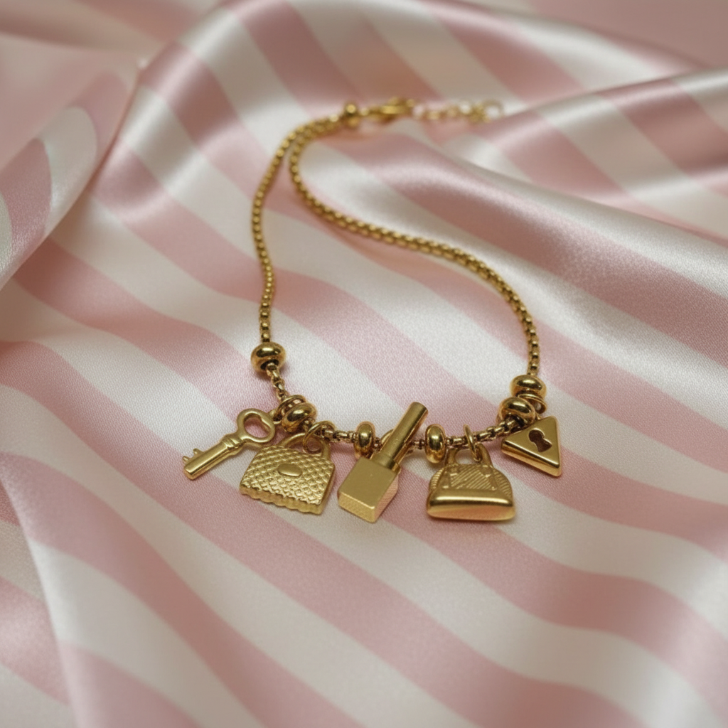 Bracelet 5 charms - satin rayé rose poudre et crème