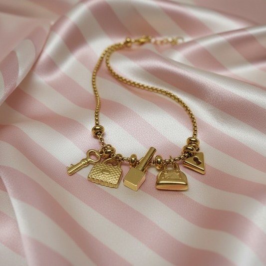 Bracelet 5 charms - satin rayé rose poudre et crème