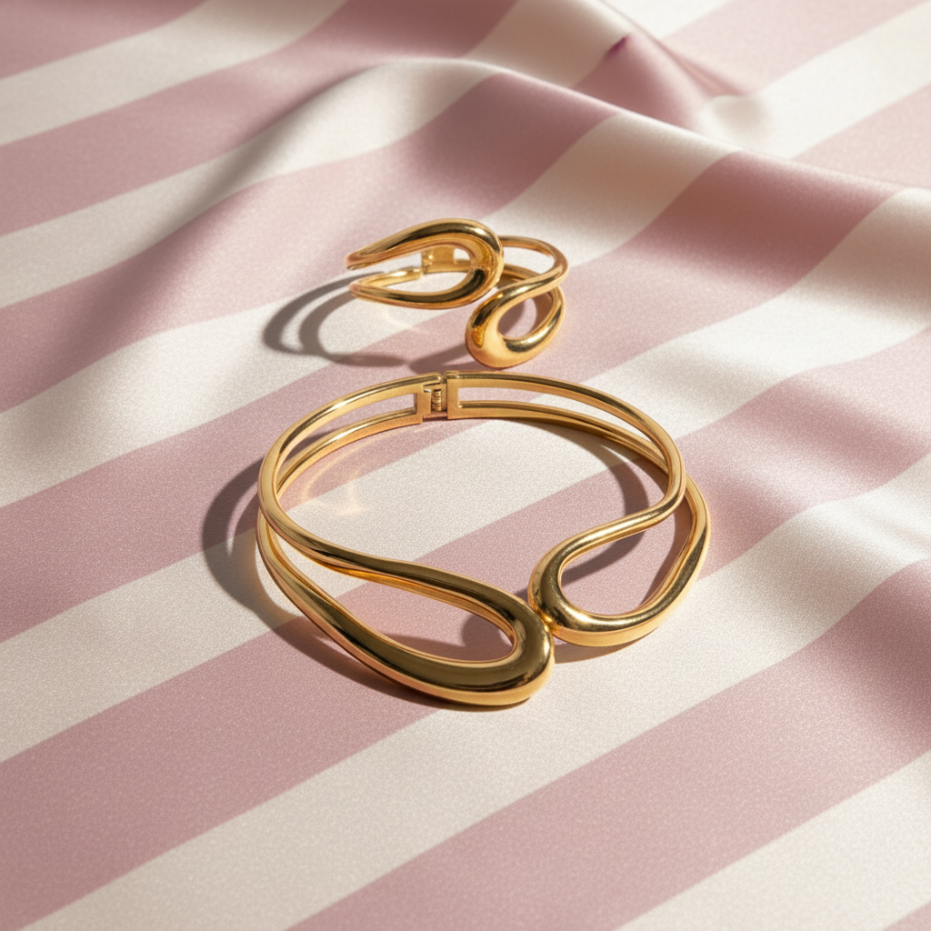 Bracelet & bague dorés ombres - fond rose poudre