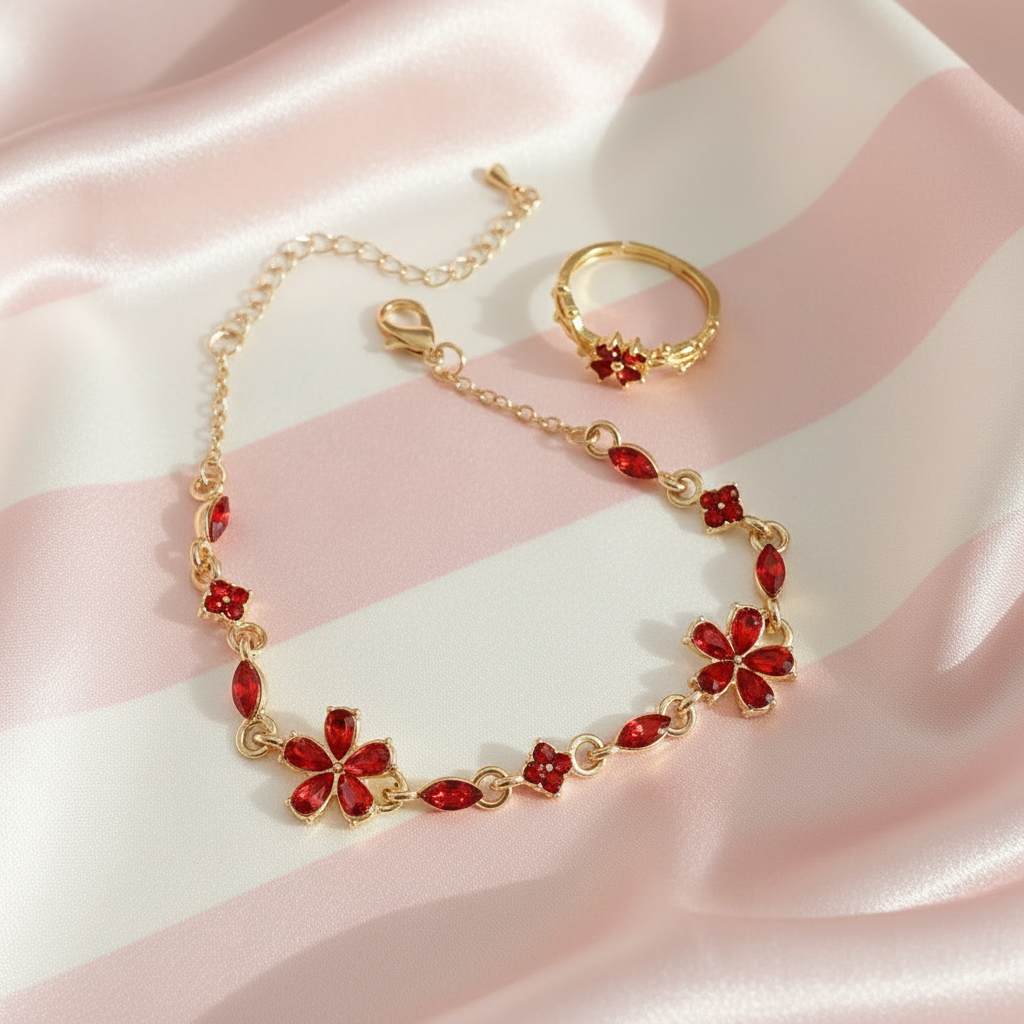Bracelet & bague - fond rayé rose satiné 1