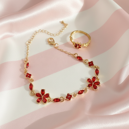 Bracelet & bague - fond rayé rose satiné 1