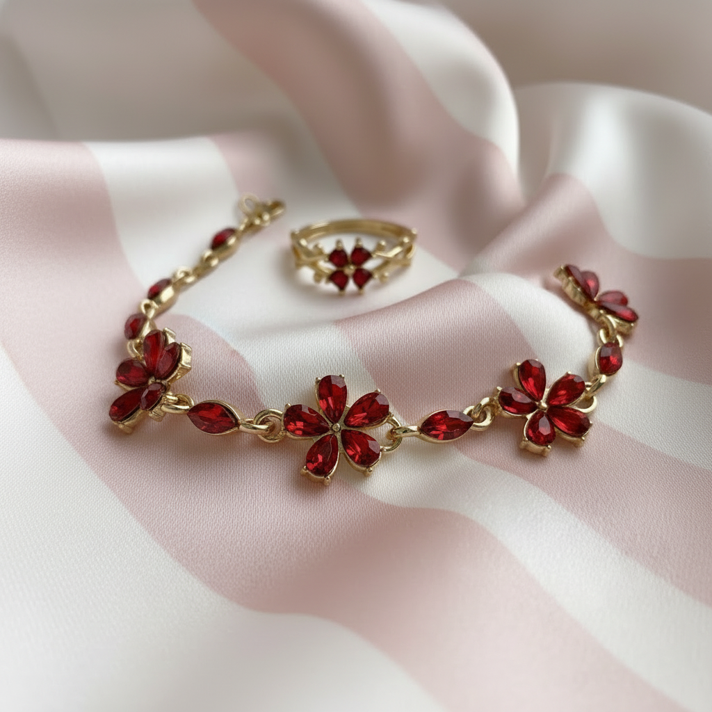 Bracelet & bague - fond rayé rose satiné 3