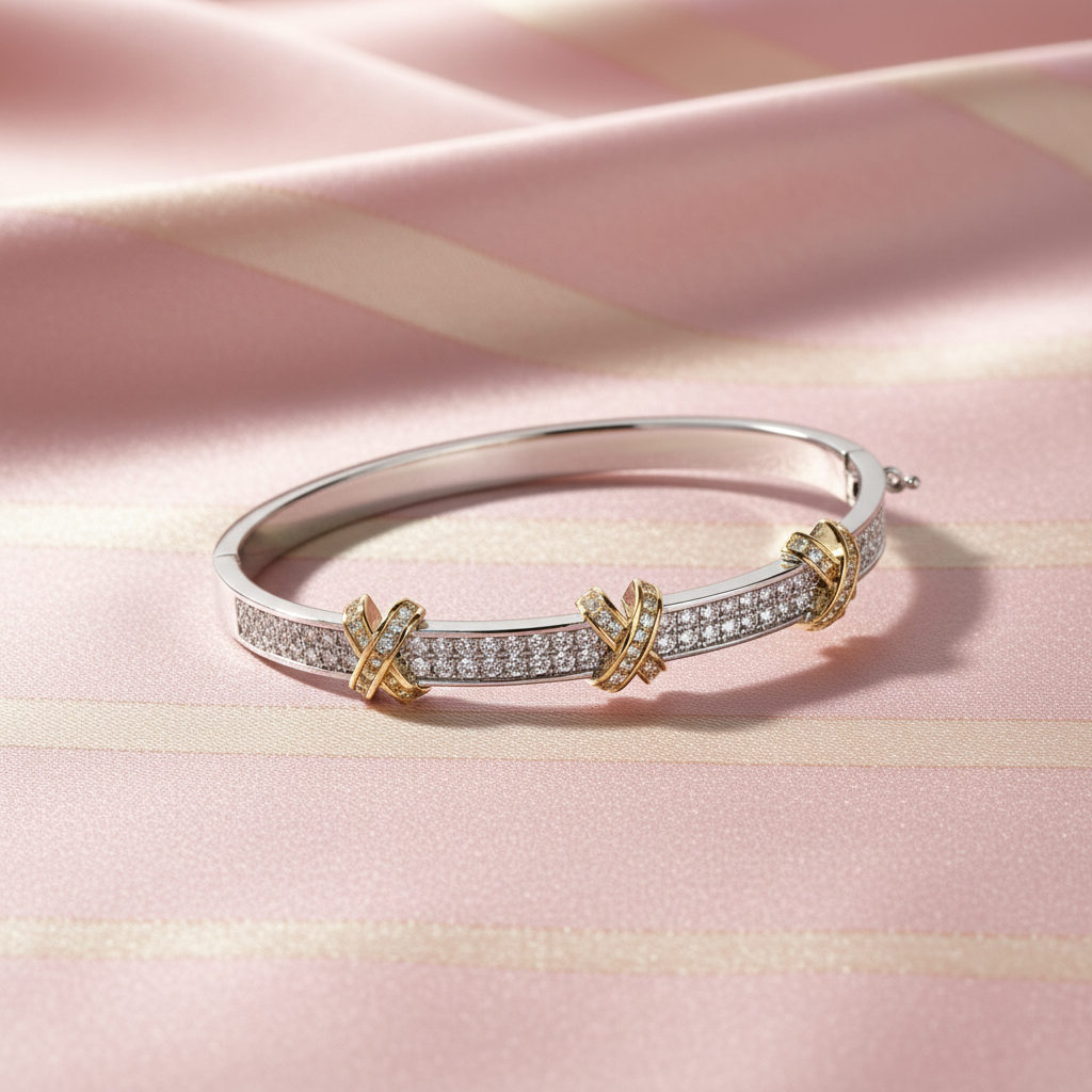 Bracelet bicolore X cristaux - fond rose poudre