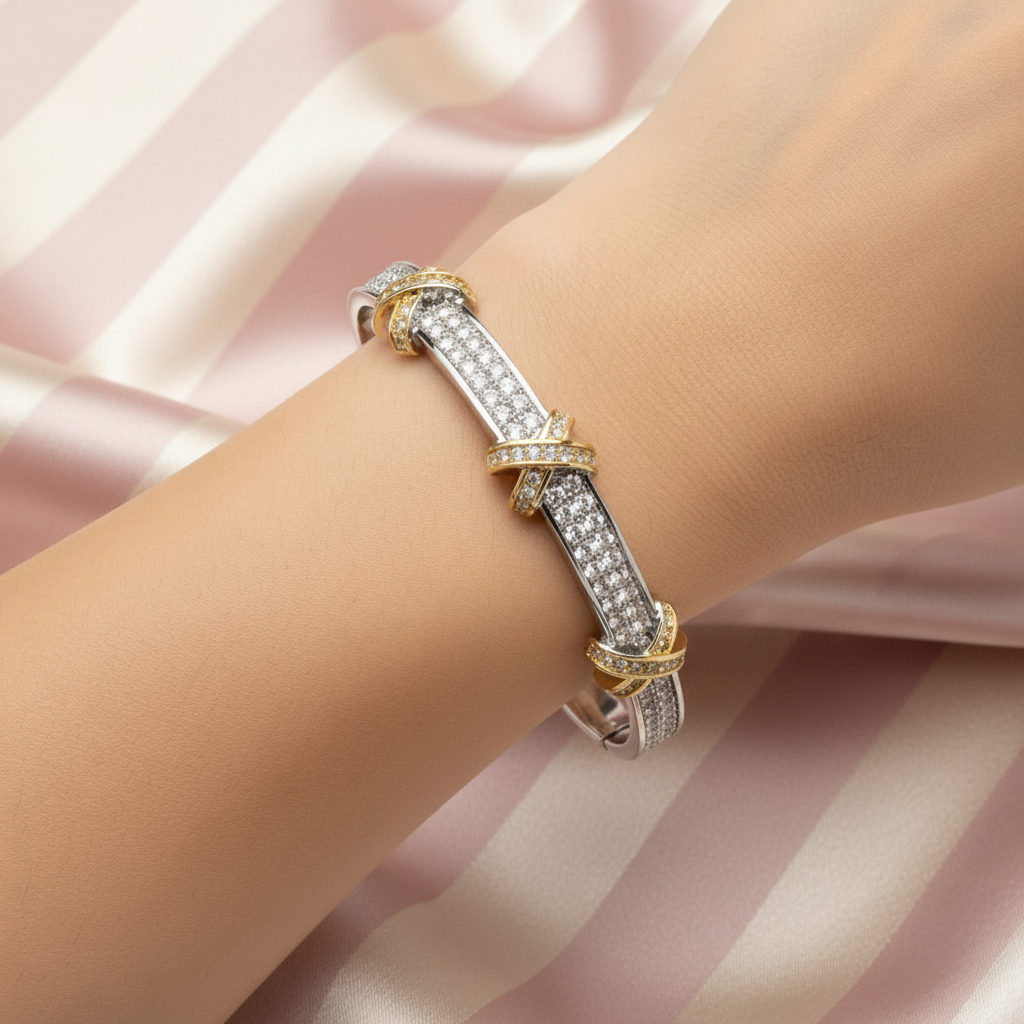 Bracelet bicolore X cristaux poignet - fond rose poudre