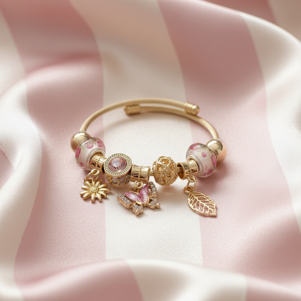 Bracelet breloques sur fond rose poudré rayé crème satiné