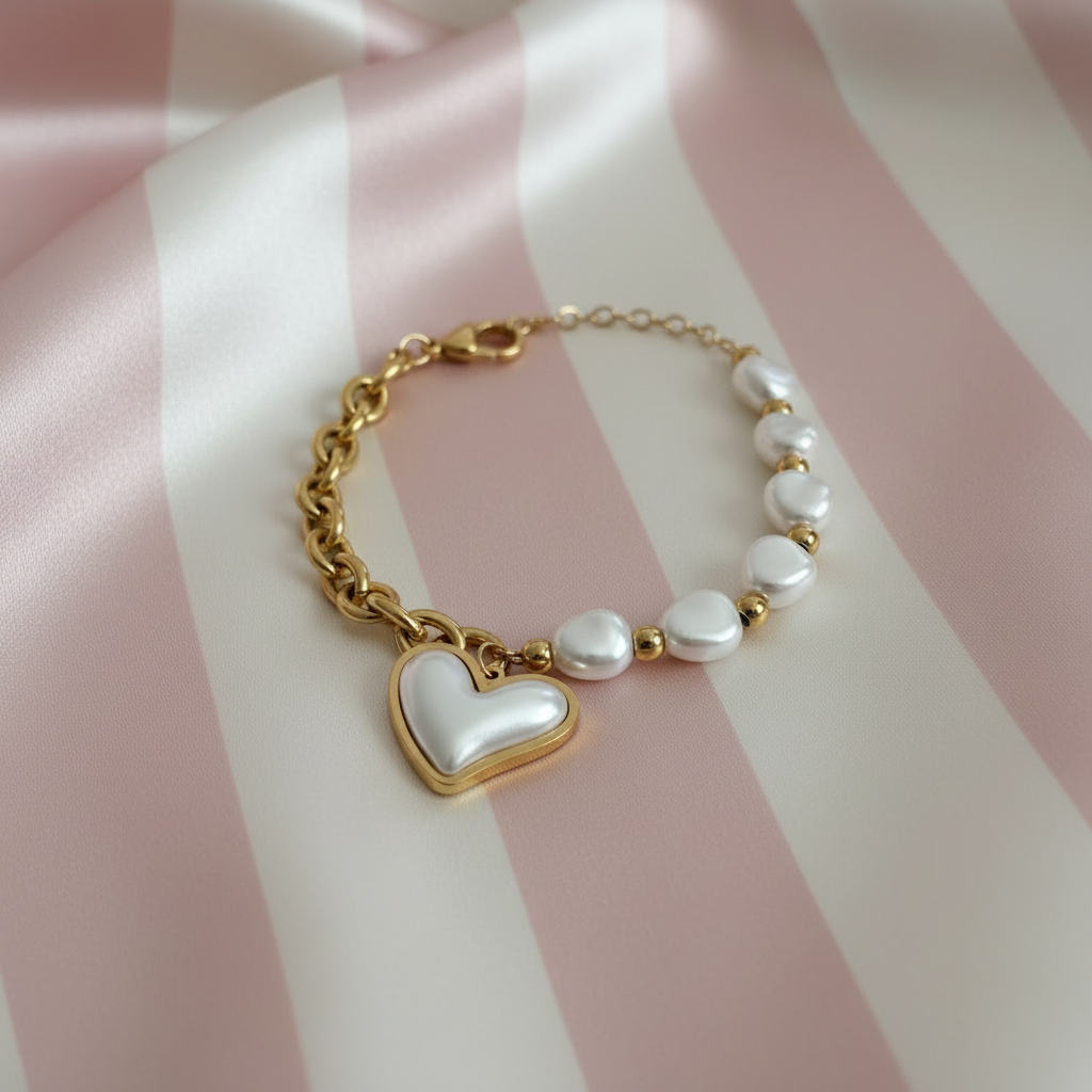 Bracelet Cœur Nacré — fond rayures rose poudrée & crème satinée