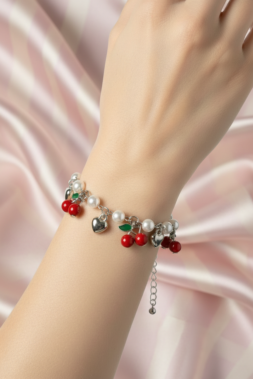 Bracelet cerise au poignet — fond rayures rose poudrée & crème satinée