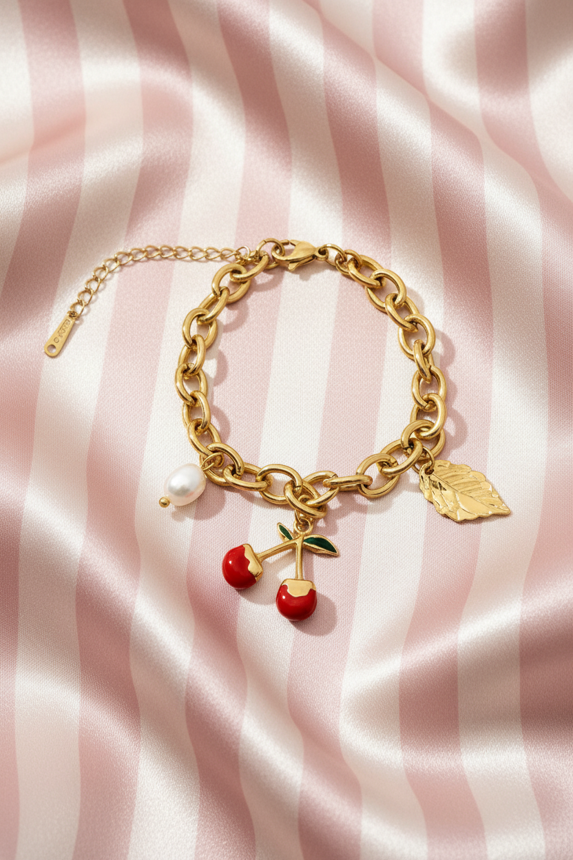 Bracelet cerise – fond rayé satiné