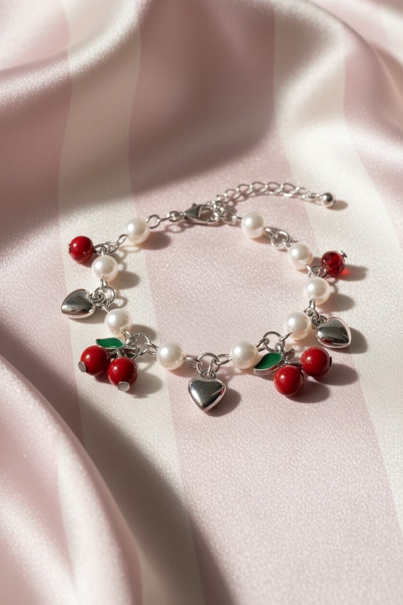 Bracelet cerise vue 1 — fond rayures rose poudrée & crème satinée