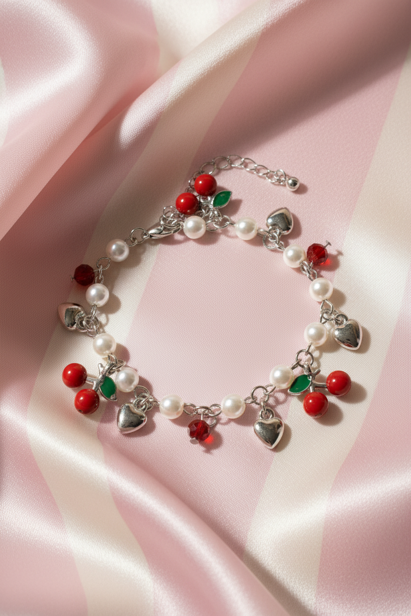Bracelet cerise vue 2 — fond rayures rose poudrée & crème satinée