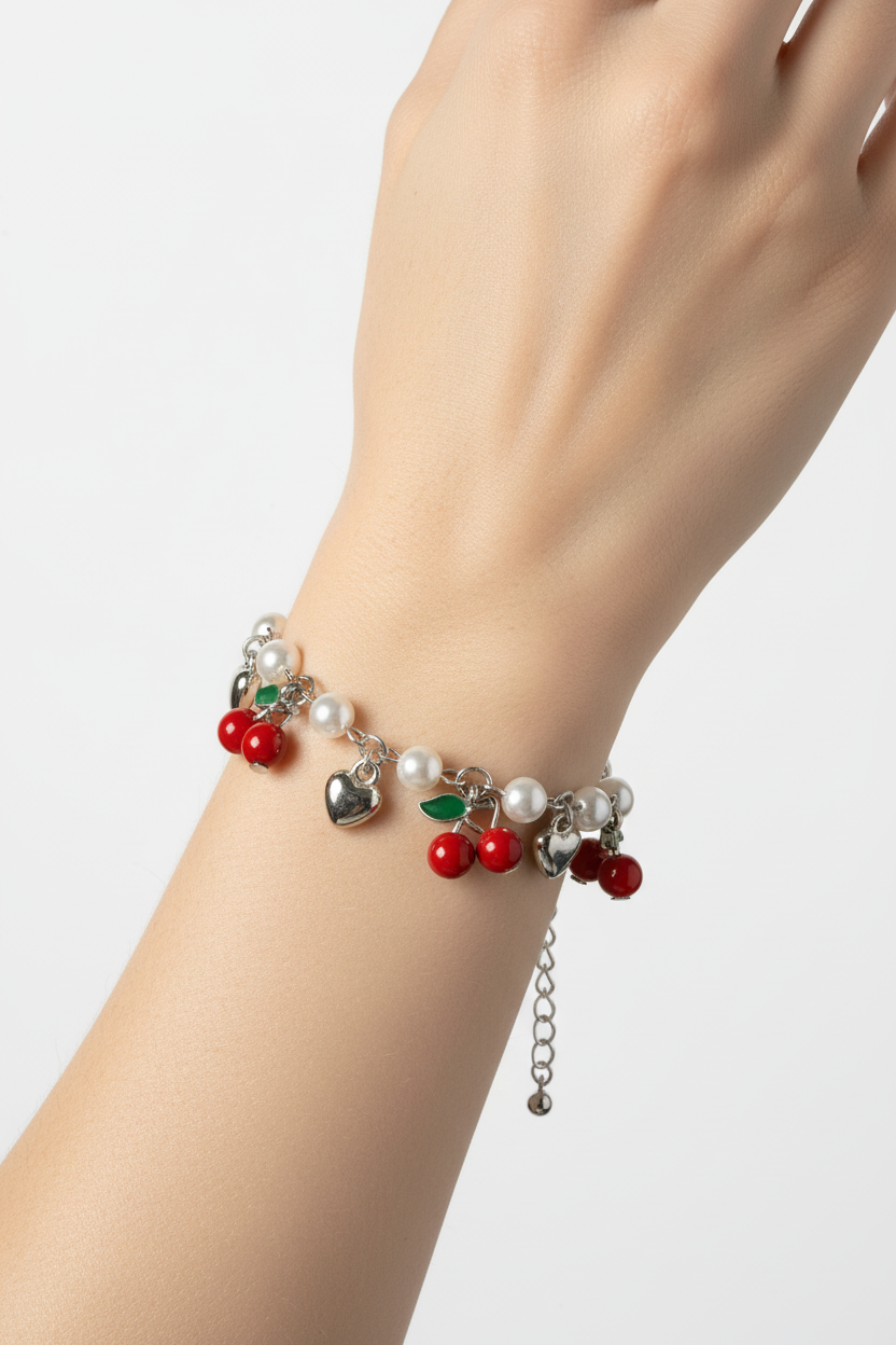 Bracelet cerises sur poignet fond blanc