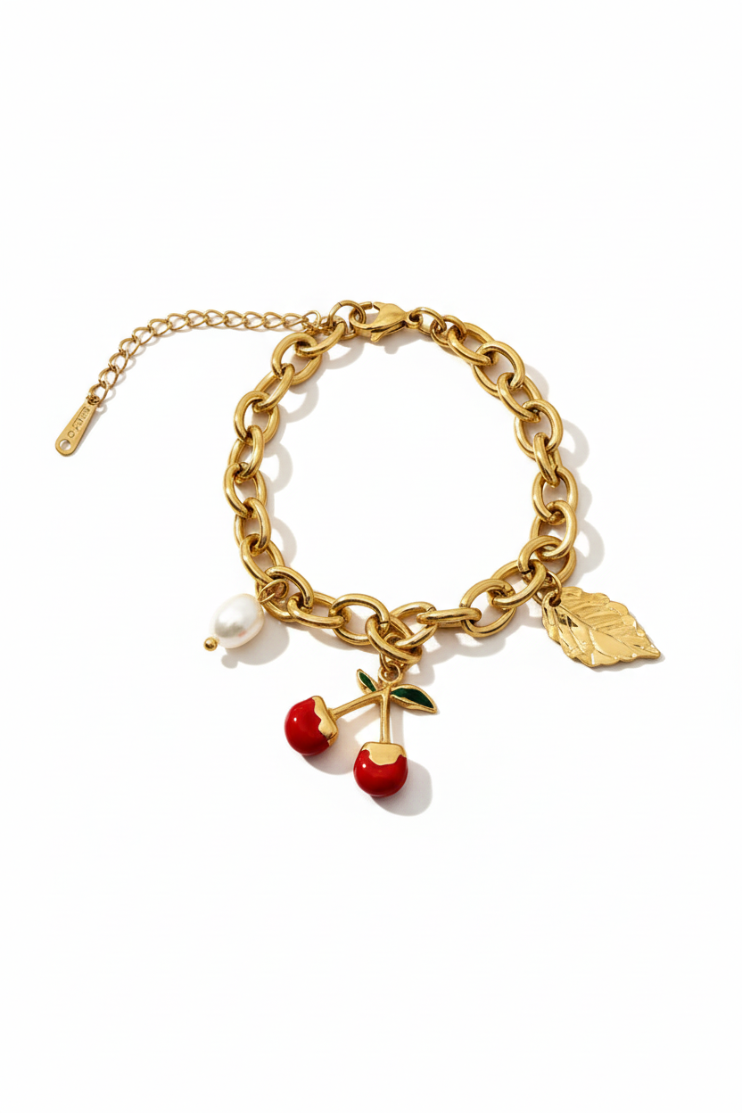 Bracelet chaîne cerises doré complet fond blanc