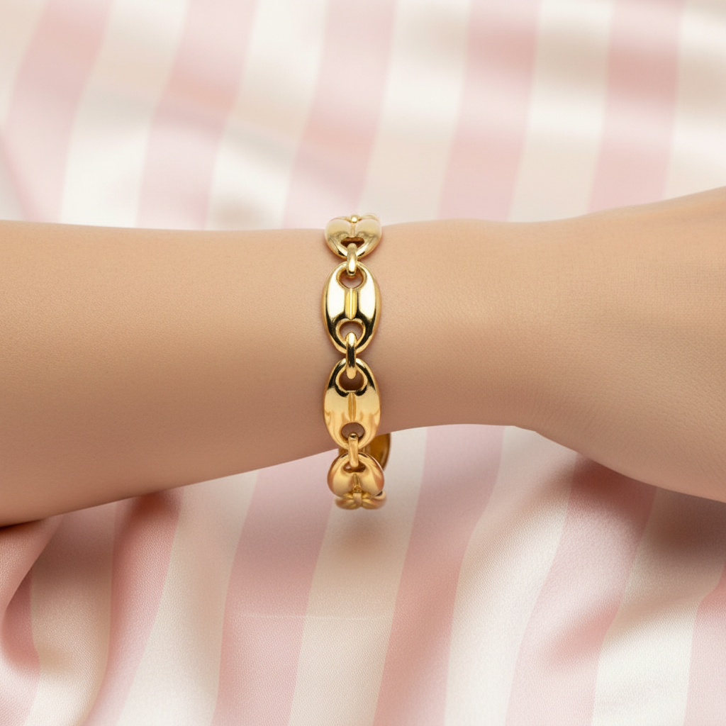 Bracelet chaîne doré - fond rayé rose satiné 3