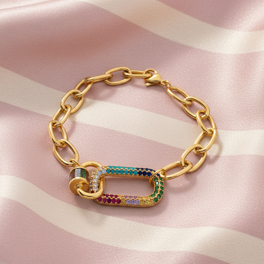 Bracelet chaîne multicolore - fond rose poudre