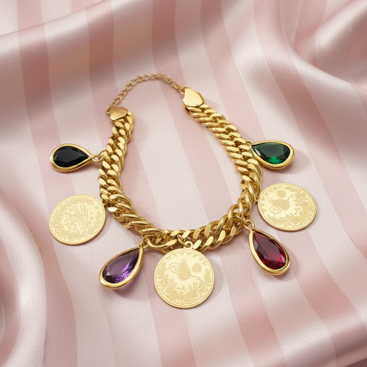 Bracelet charms doré - fond rose rayé satiné