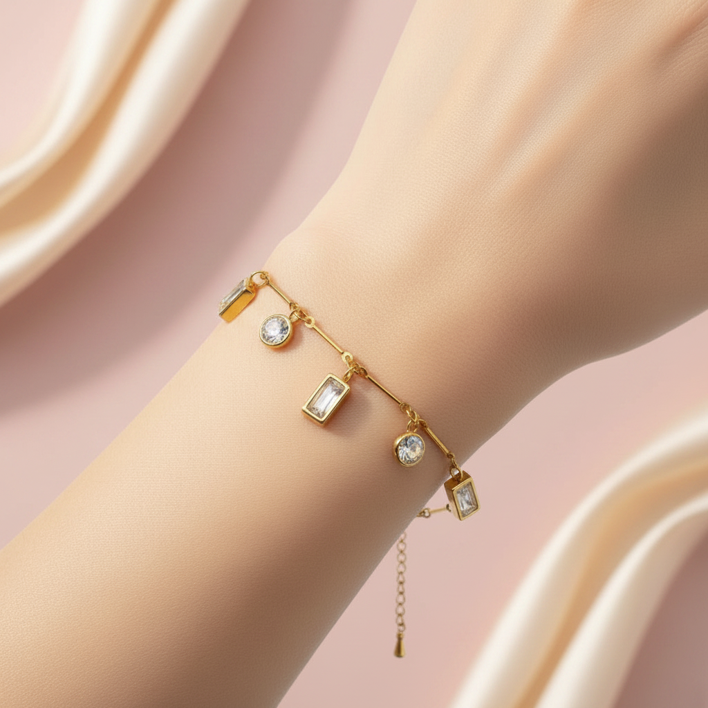 Bracelet charms or - fond rose poudre rayures crème