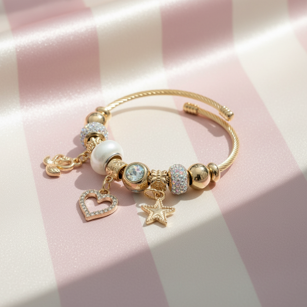 Bracelet charms vue complète — fond rayures rose poudrée & crème satinée