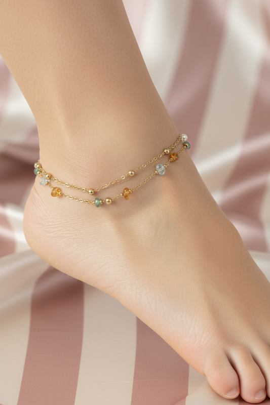 Bracelet de cheville double rang pierres - fond rose rayé satiné