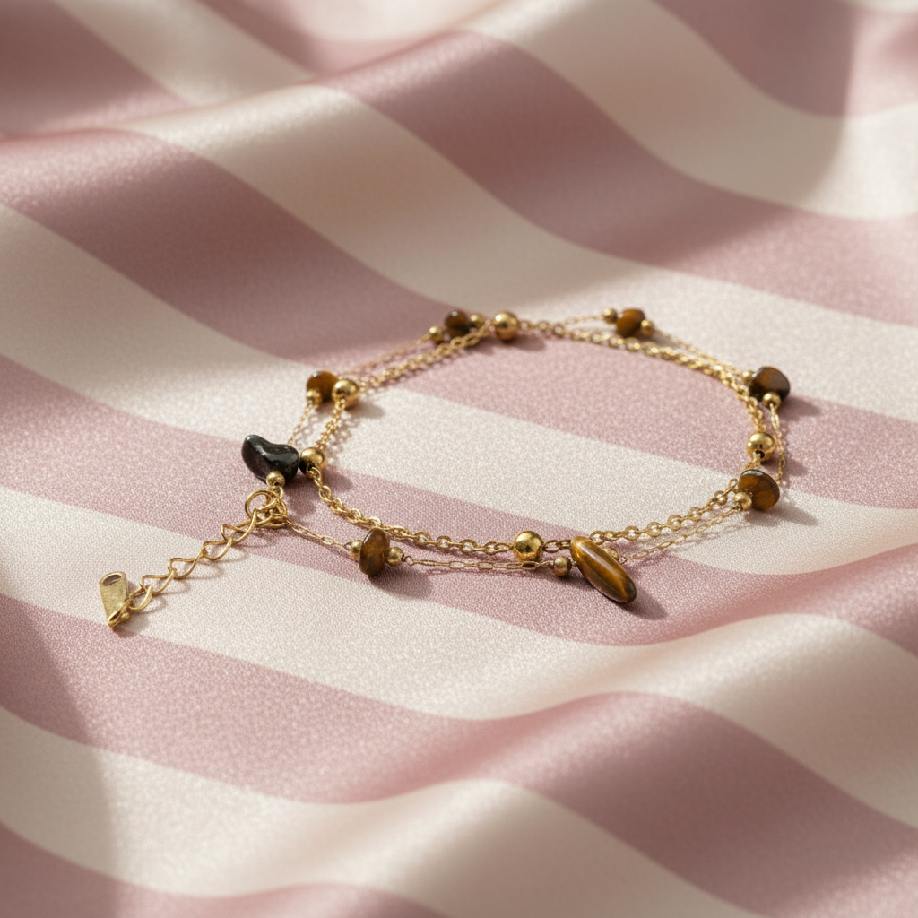 Bracelet de cheville œil de tigre flat lay - fond rose rayé satiné