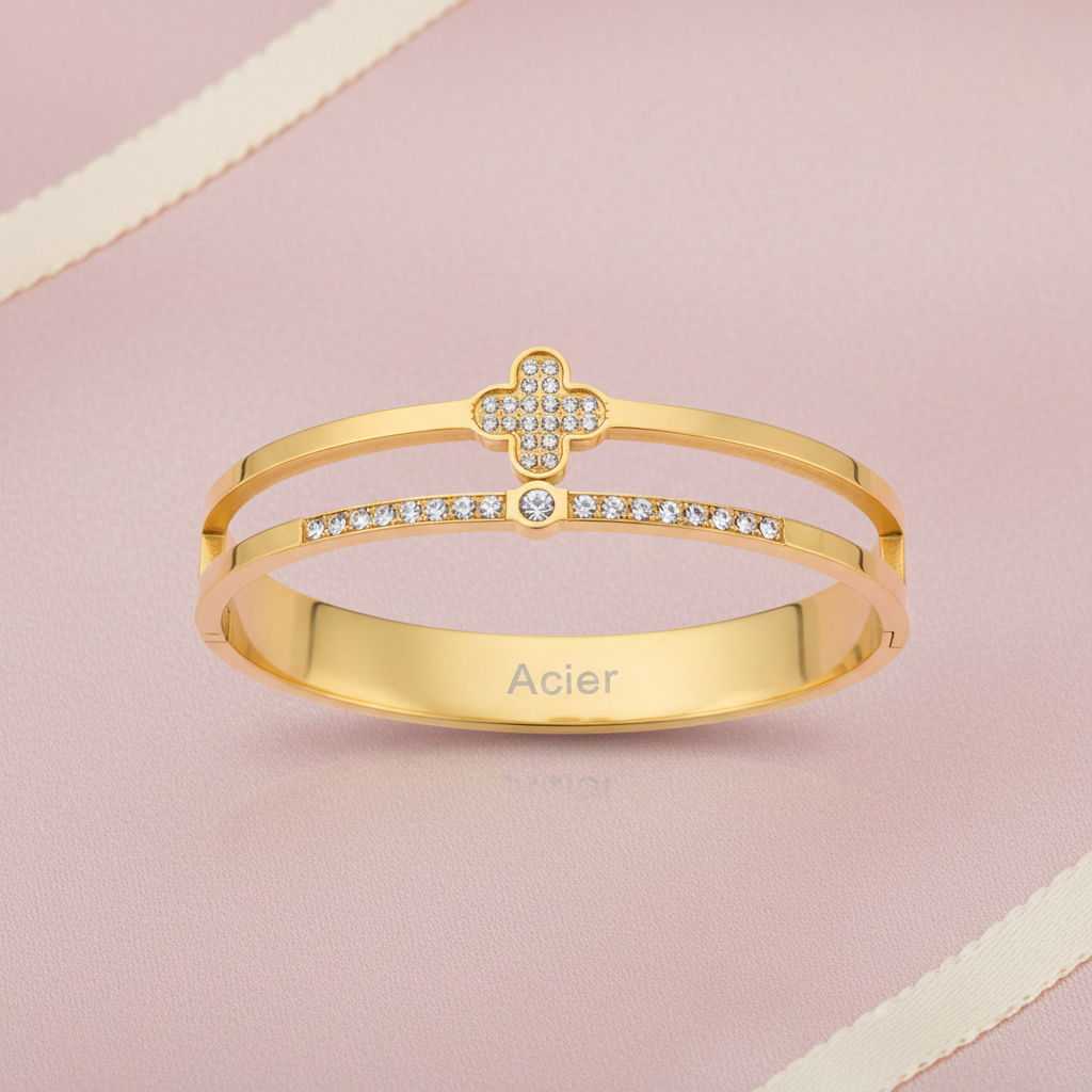 Bracelet double jonc trèfle frontal - fond rose poudre