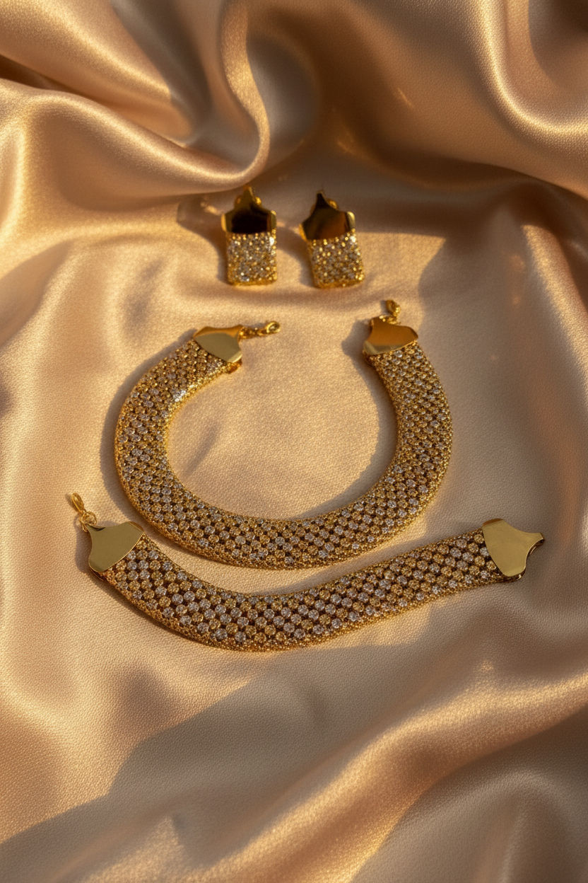Bracelet et boucles dorés argentés sur soie champagne
