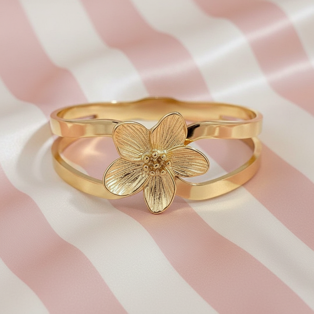 Bracelet fleur - rayures satinées rose poudre