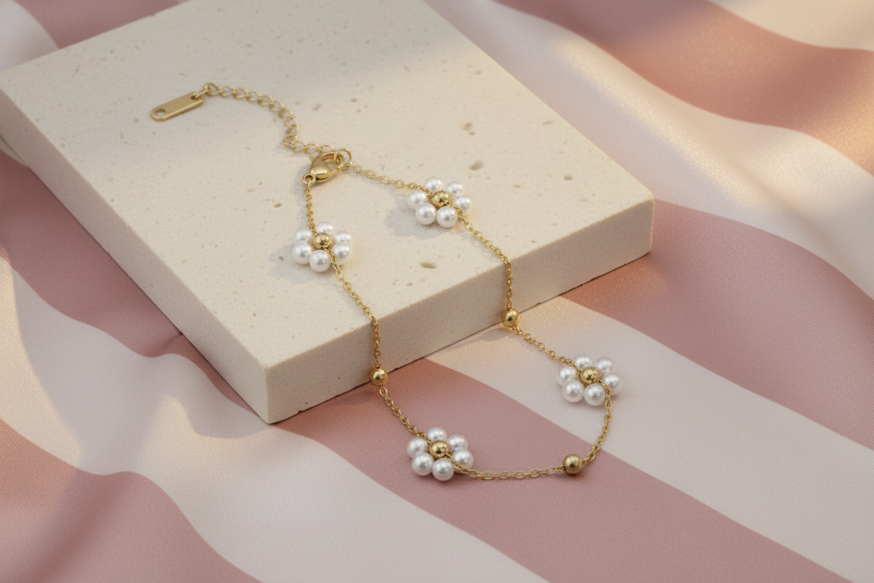 Bracelet fleurs de perles sur bloc sur fond rayé rose poudré et crème