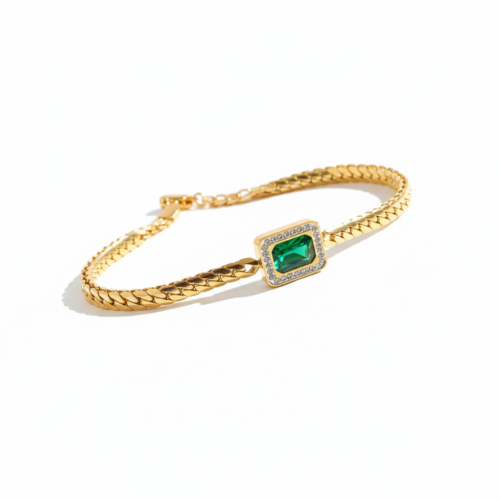 Bracelet gourmette émeraude - Fond blanc