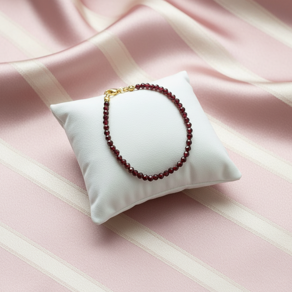 Bracelet grenat coussin - fond rose poudre