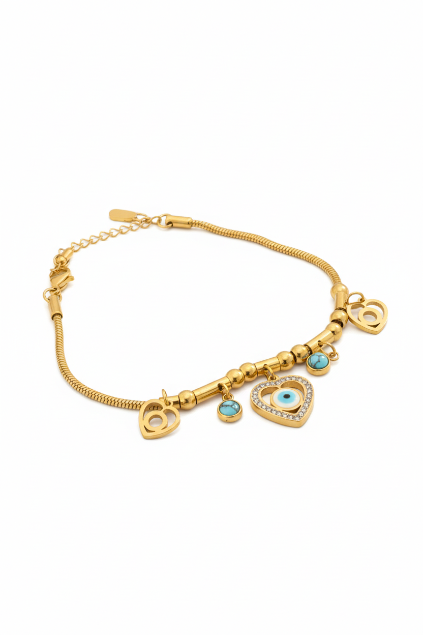 Bracelet œil grec cœur turquoise angle fond blanc