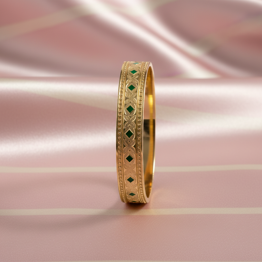 Bracelet jonc émail vert debout - fond rose poudre