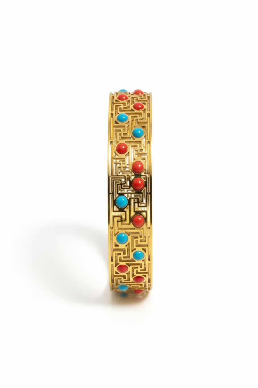 Bracelet jonc Samar turquoise corail latérale fond blanc