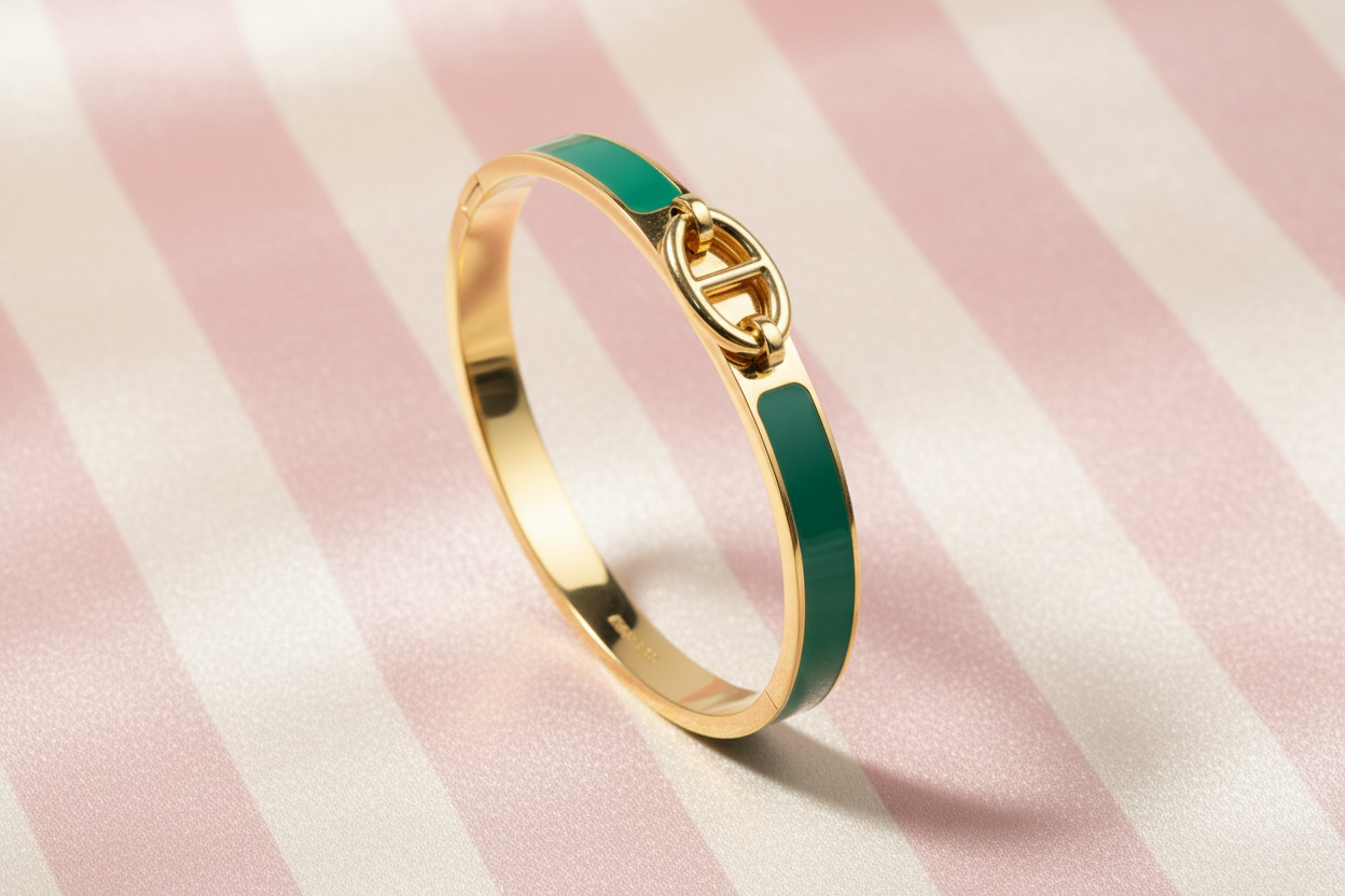 Bracelet jonc vert émeraude vue trois-quarts fond satiné