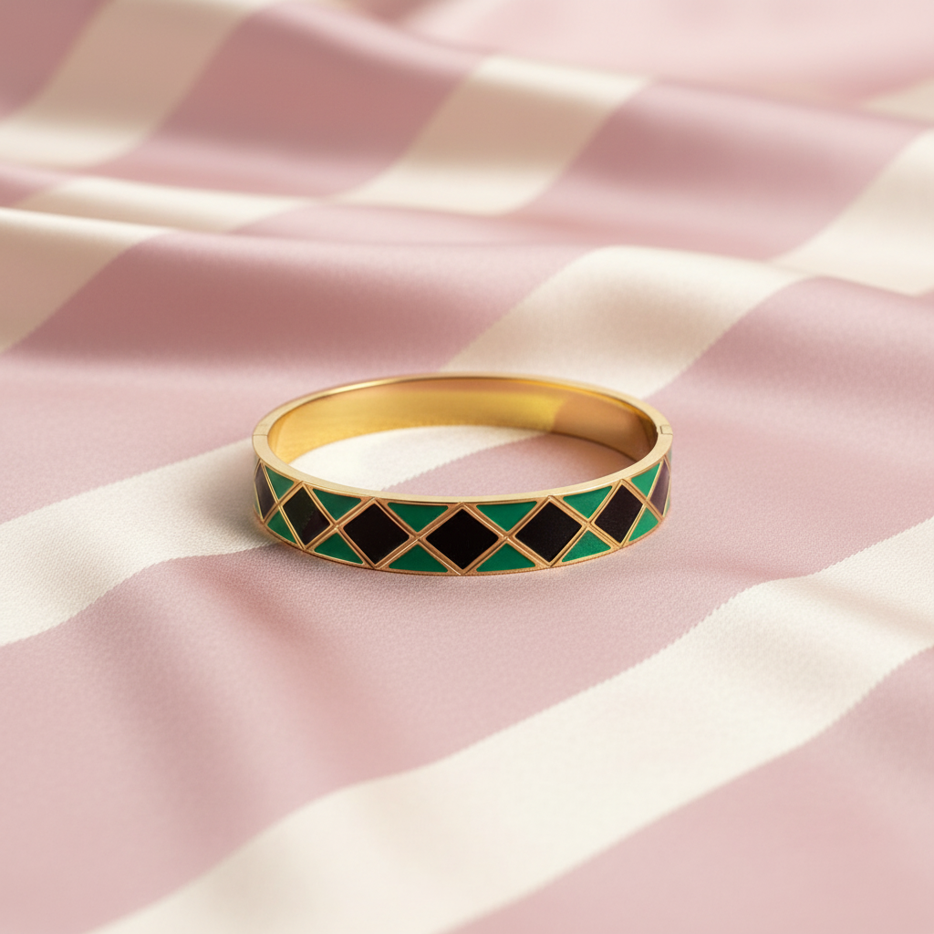 Bracelet losanges vert noir 3D - fond rose poudre