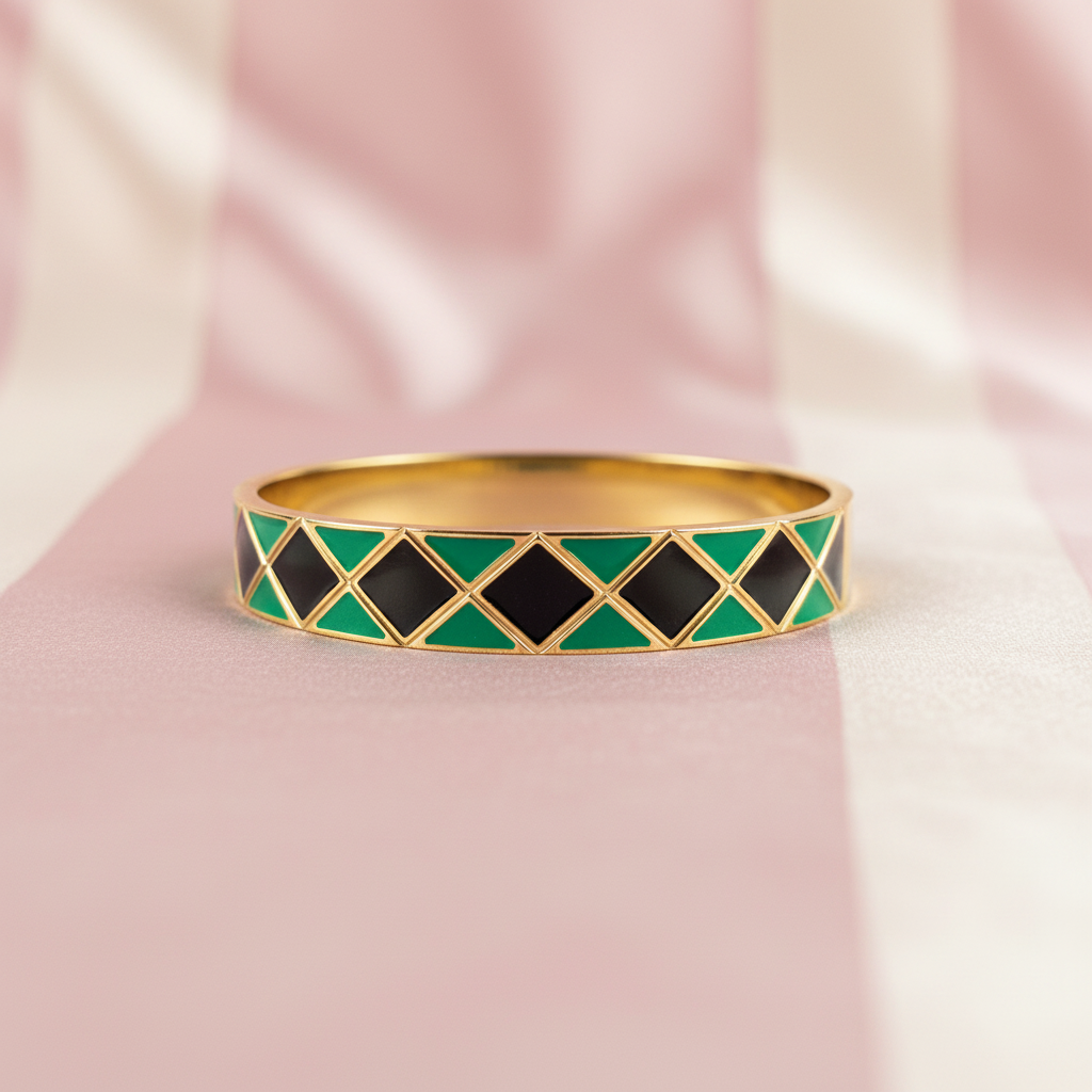 Bracelet losanges vert noir - fond rose poudre