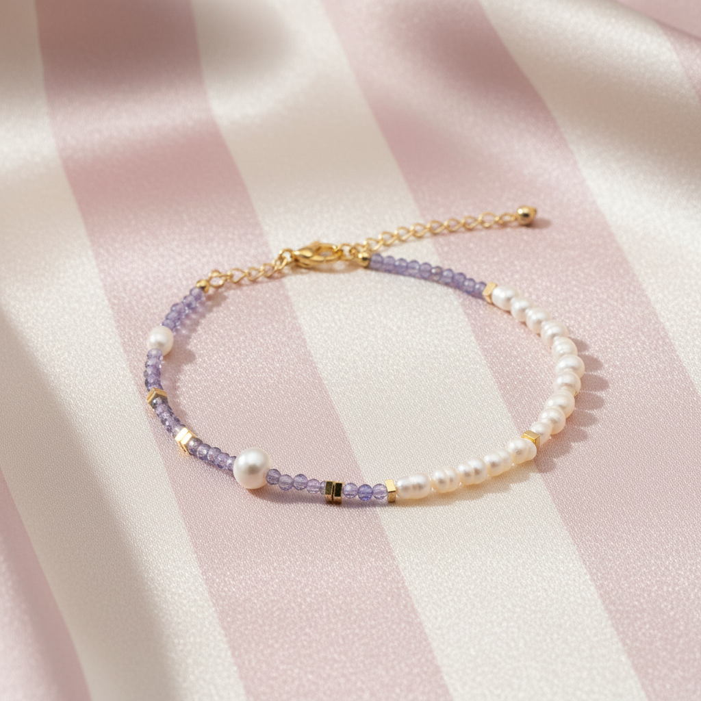Bracelet perles lavande à plat